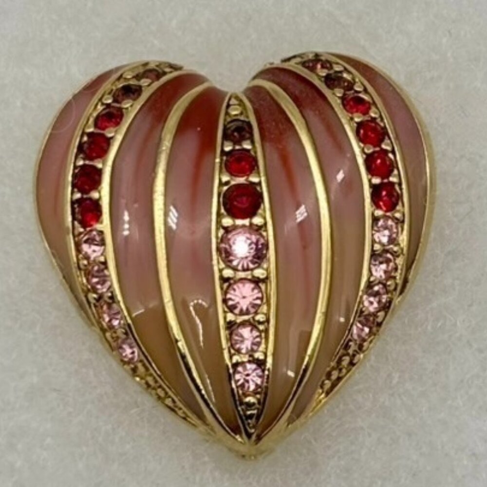 Vintage Monet Heart Shaped Pin Brooch Pin, Enamel With Pink and Ruby Rhinestones